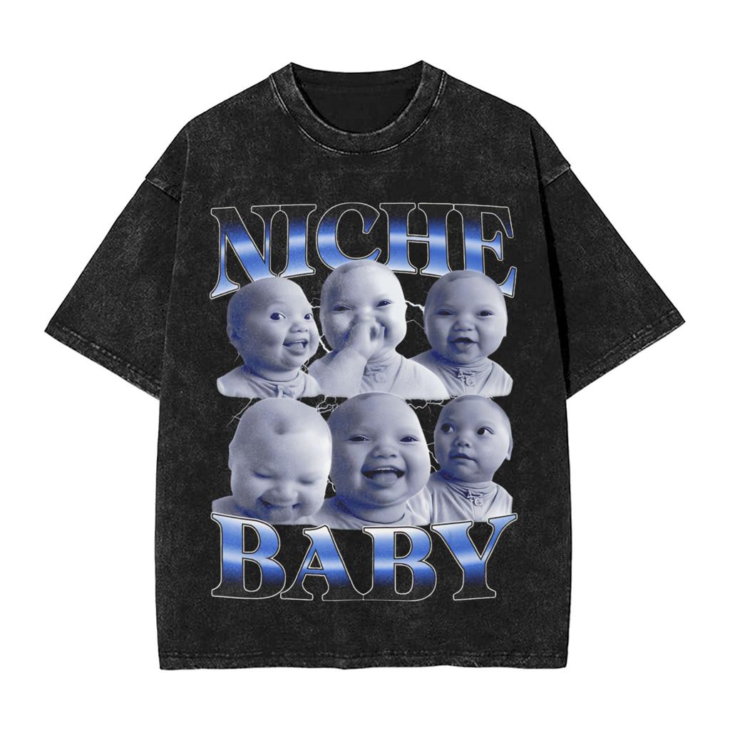 AI niche baby Holding Laugh Washed T Shirt Streetwear Hip Hop Fashion TShirt Tees for Unisex Women Cotton Oversize