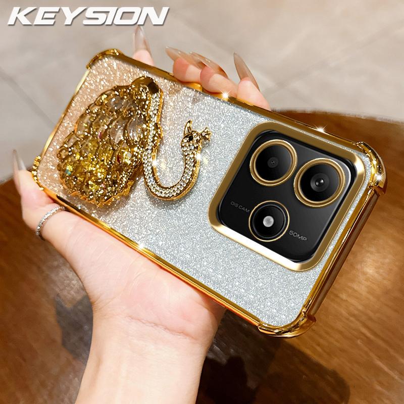 KEYSION Противоударный чехол из ТПУ с покрытием для Redmi Note 14 4G 5G, украшенный блестками в виде лебедя, с подставкой.