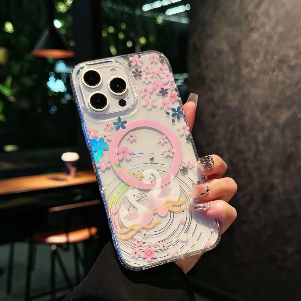 Для IPhone 17 ProMax Магнитный чехол для телефона N52 с лазерным изменением цвета для Apple 16 Прозрачная защитная крышка «Цветущая сакура»