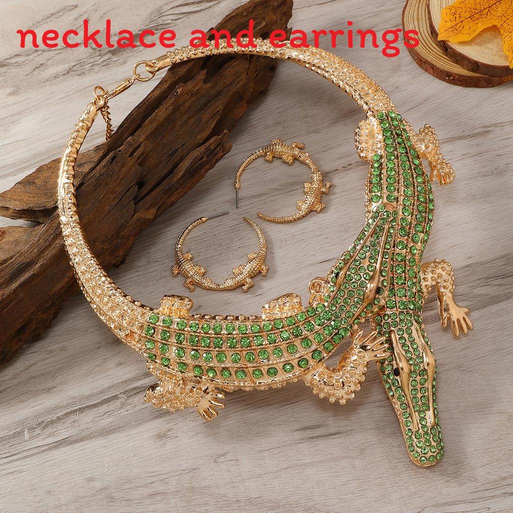 Creative Decoration Rhinestone Crocodile Design Women Necklace And Earring Set