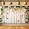 Dreamy Floral Birthday Backdrop, Soft White Curtain Framed by Pink Roses, Vines and Butterflies with Warm Lights, Romantic Party Wall Decor