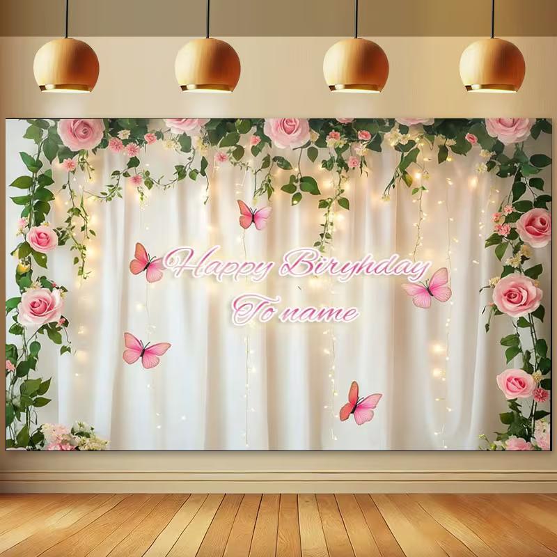 Dreamy Floral Birthday Backdrop, Soft White Curtain Framed by Pink Roses, Vines and Butterflies with Warm Lights, Romantic Party Wall Decor