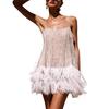 Women Party Slip Dress Layered Fringed Hem Backless Sleeveless Low-cut Collarless Sequin Decor Thin Mesh Cocktail