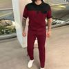 Men's Waffle Color Matching Splicing Lapel Neck Chest Pocket Button Short Sleeve Trousers Set