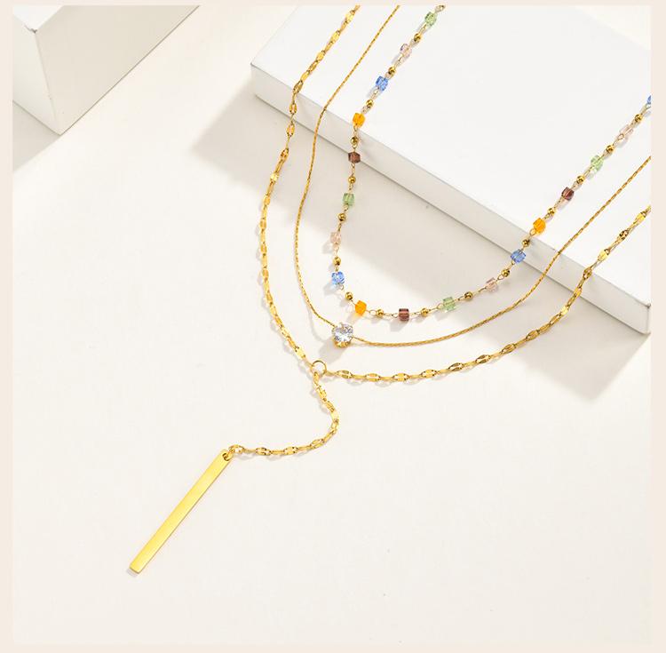 Luxury 18K Gold Plated Stackable Layered Lariat Necklace, Colorful Bead CZ Vertical Bar Dainty Jewelry Non Tarnish