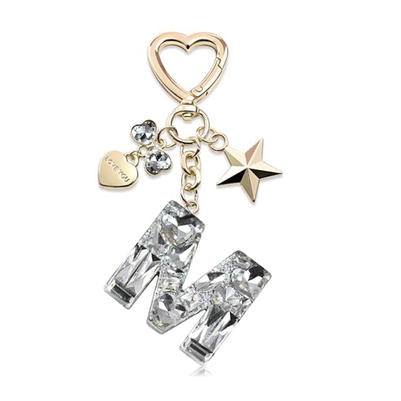 Bling Keychain with Initial Letter Butterfly Star Pink Purple - Cute Gift for Women And Girls Bag Cup Charms Fashion Accessory