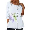 Women's Casual Long Sleeve Top In White with Round Neck and 6 Fashionable Floral Prints with Button Embellishments