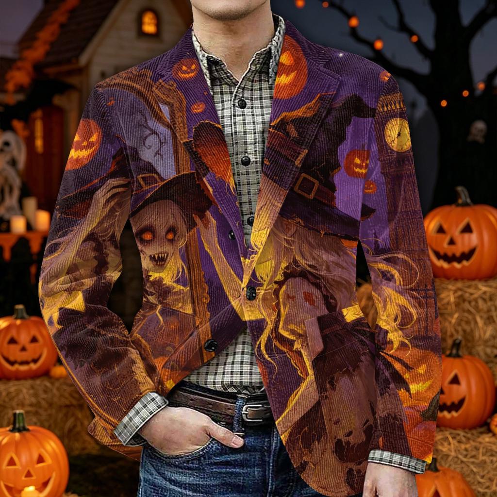 Men's Corduroy Blazer Jacket with Halloween Print Warm Casual Suit Jacket with Pockets Button Front Cardigan Style Outerwear