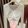 Полый кружевной низ Женская осенняя новая футболка с V-образным вырезом Внутренний топ Тонкая сетка С длинным рукавом