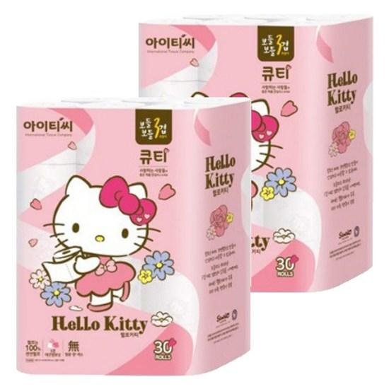 Hello Kitty Deco Cutie Natural Pulp 3-Ply Roll Toilet Paper 27m, 30 Rolls, 2 Packs, a Popular Character In Korea