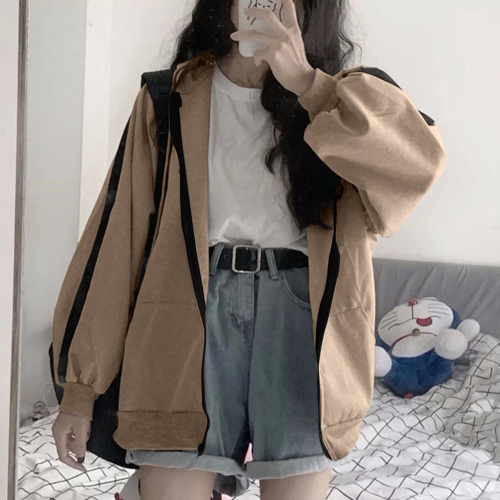 Женская толстовка с капюшоном на молнии, плотная однотонная свободная куртка для осени и зимы, ретро, длинный рукав, супербольшая кепка, спортивная одежда