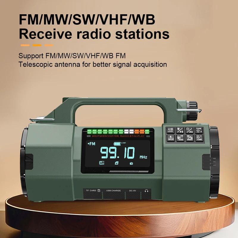 Аварийное радио FM/MW/SW/VHF/WB Портативное радио с SOS-сигналом Светодиодный фонарик BT-динамик Ручной завод Солнечное радио для выживания
