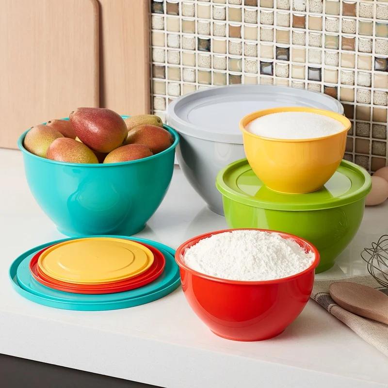 Набор из 10 пластиковых мисок для смешивания в ассортименте с крышками Прочные Не содержат БФА Подходят для мытья в посудомоечной машине Идеально для кухни Готовка Выпечка Салат