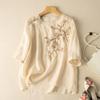 Women's Summer Design Round Neck Mid-sleeved Embroidery T Shirt Temperament Loose Thin Blouse