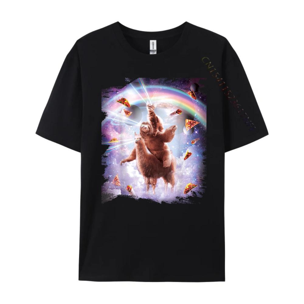 Laser Eyes Space Cat Riding Sloth Llama Rainbow Shirts Graphic Tee White T Shirt Men