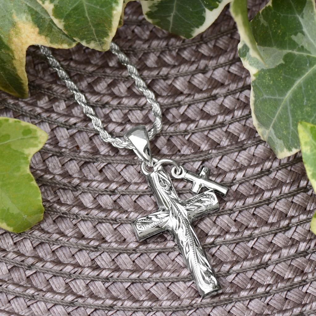 Leilani Hawaiian Jewelry Double Cross Scroll Pendant Necklace in Sterling Silver (40cm Rope Chain Included)