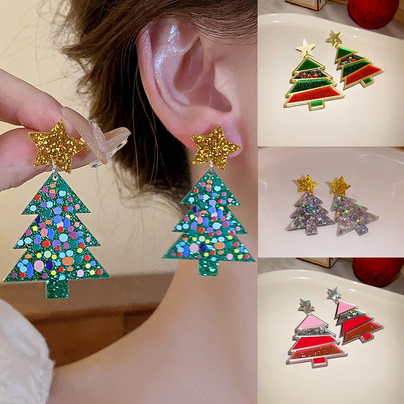 2 Pairs Resin Stars Christmas Trees Super Sparkle Colorful Sequin Geometric Dangle Earrings Women Festival Ear Jewelry Sets K-