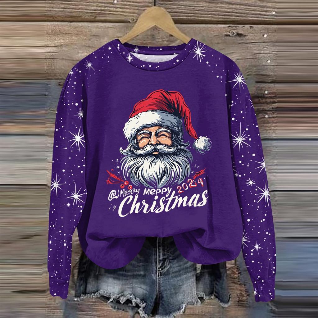 Women's Fashion Round Neck Pullover Plunging Sleeve Tee Christmas Printed Top