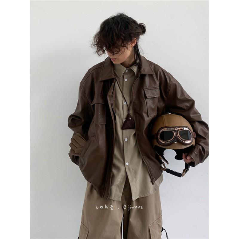 Vintage Retro PU Leather Jacket Loose Fit Teens Casual Outerwear