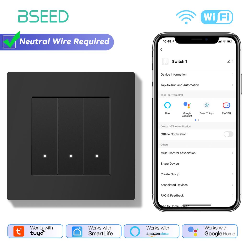 BSEED WIFI Click Switches Wall Smart Click Light Plastic Switches Yellow Backlight Plastic Frame EU Standard Tuya APP Switch
