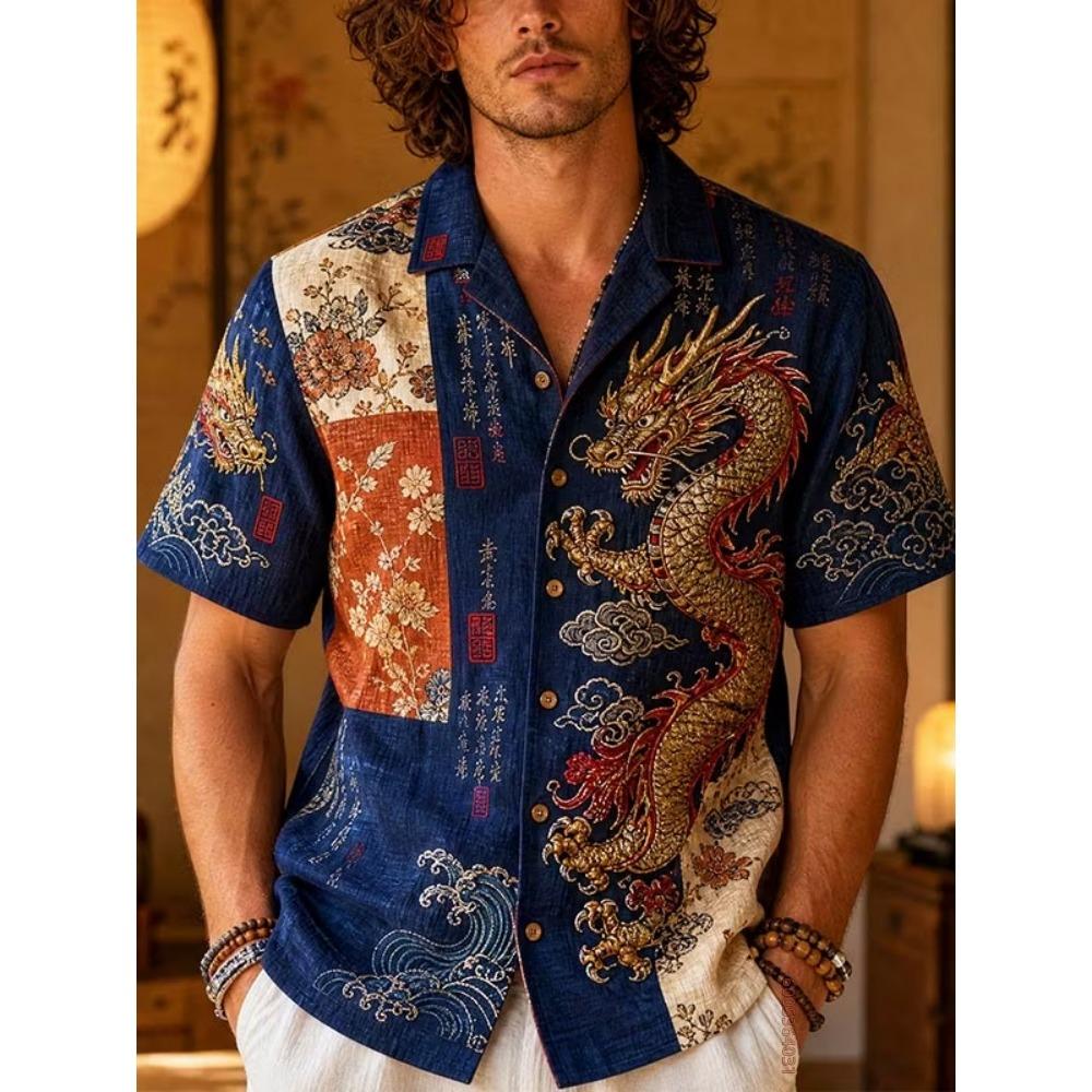 Men's Short Sleeved Shirt, Cat Noodle Printed Top, Versatile for Daily Commuting and Travel, Fashionable and Casual Loose Shirt