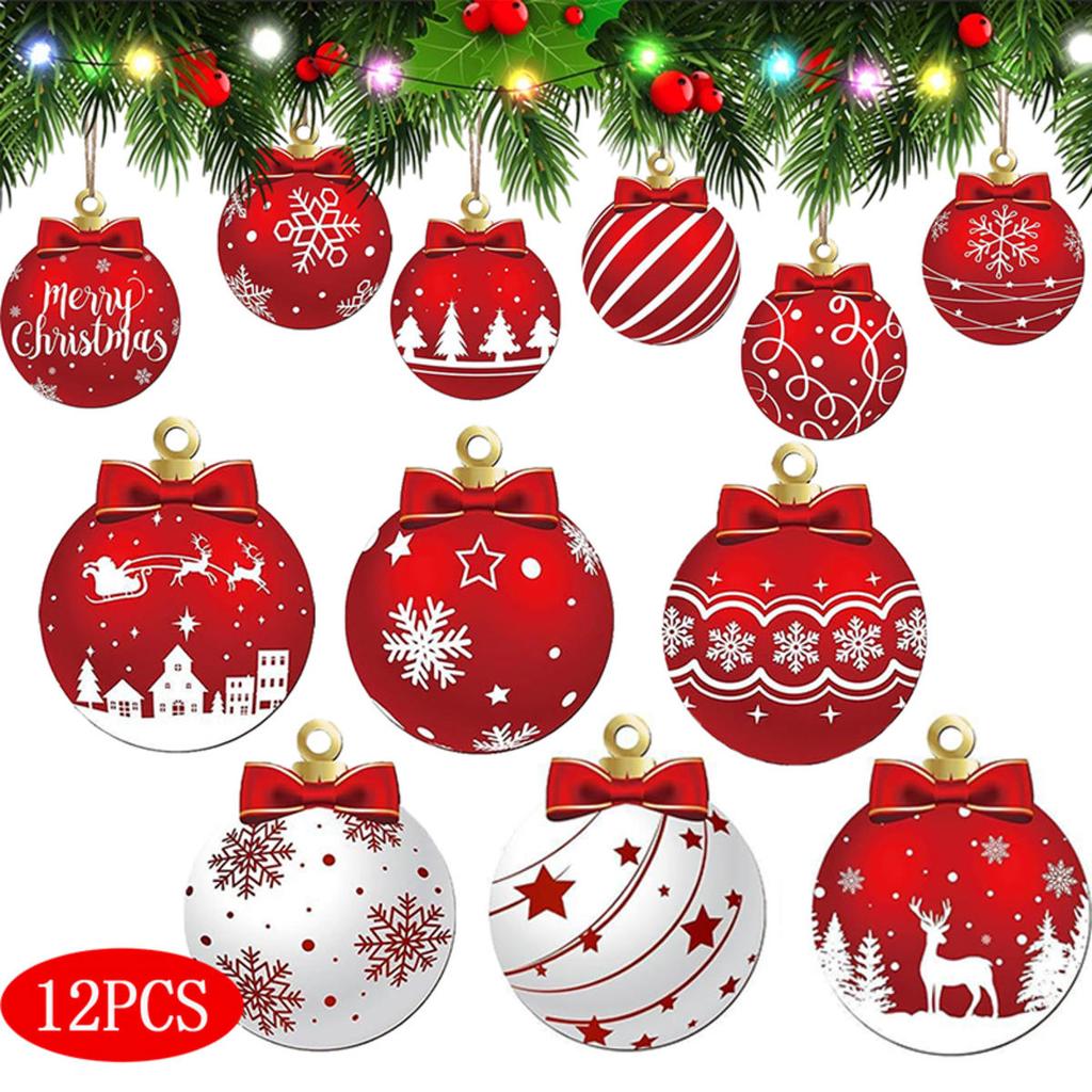 12pcs Wooden Christmas Ball Pendant Christmas Gift Decoration Christmas Tree Hanging Home Room Decor Outdoor Accessories for Holiday Decorating Use
