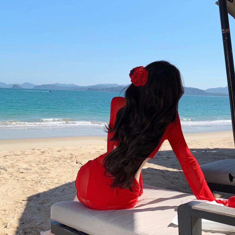 Mosricci Pure Desire: Red & White Sexy Bikini Four-Piece Set with Long Sleeves – Perfect Vacation Swimwear