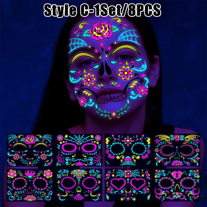 New Glow The Dark Tattoos Stickers Fake Face Temporary Tattoos Makeup UV Neon Floral Body Paint Tattoo Stickers Decorations