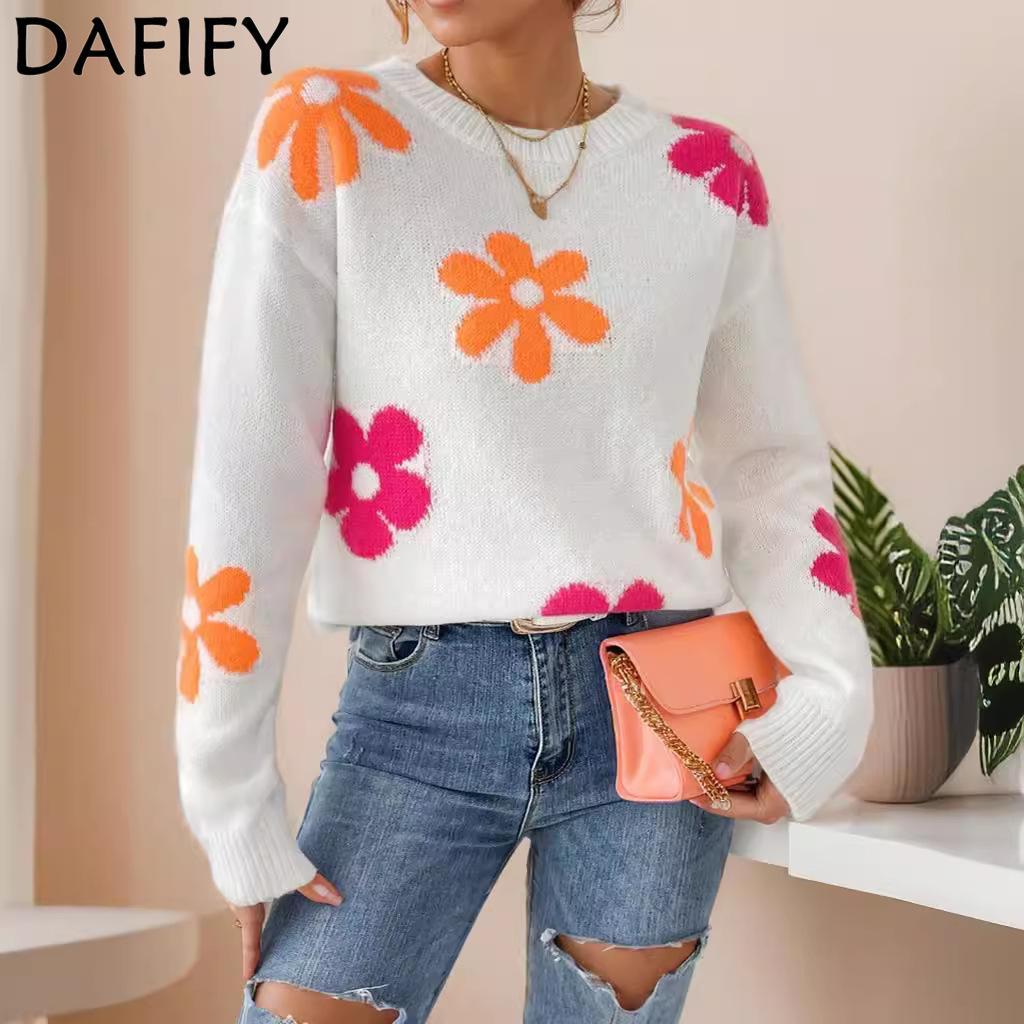 DAFIFY Женская мода повседневная осень-зима цветочный узор с длинным рукавом и круглым вырезом свитера