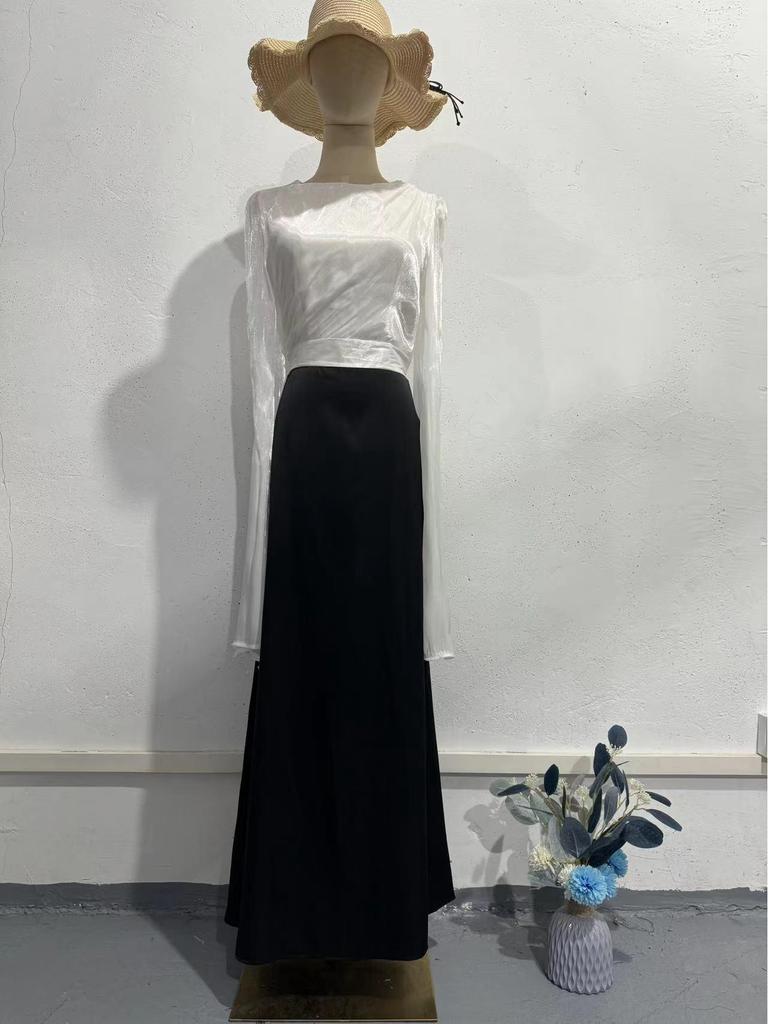 European & American 2024 Autumn Organza Satin Slim Dress with Large Swing Sleeves