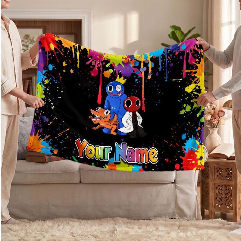 Rainbow Friends Personalized Flannel Blanket, Custom Printed Text Name, Warm Soft Blanket For Couch Bed