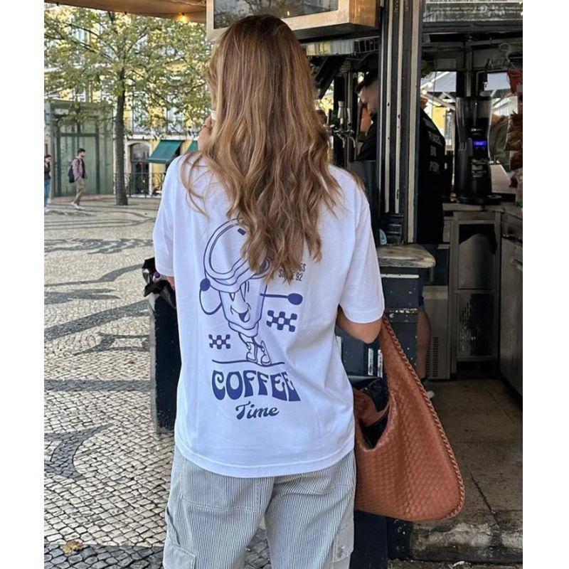 Coffee Time American Vintage Sports Style Coffee Illustration Print Ins Pure Cotton Short Sleeve T-shirt Women