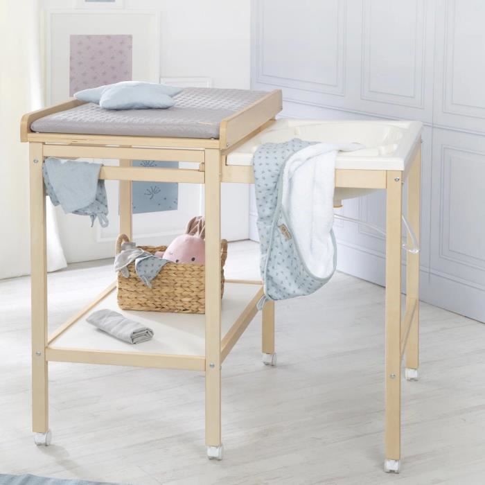 Table à langer avec baignoire coulissante - ROBA - Inclus matelas déperlant Roba style Gris - Tablette de rangement - Bambou naturel