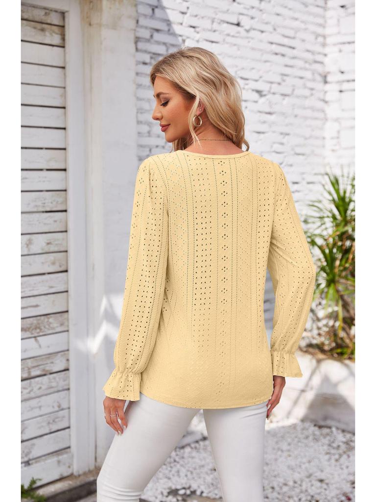 2024 Women's Solid Color V-Neck Long Sleeve Casual Loose T-Shirt