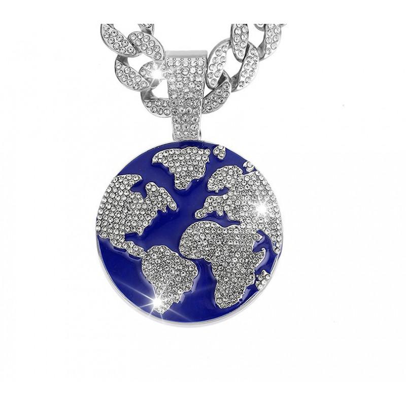 Hip Hop Earth Pendant With Full Rhinestone Inlay Alloy Necklace Men Cuban Chain Layering Style