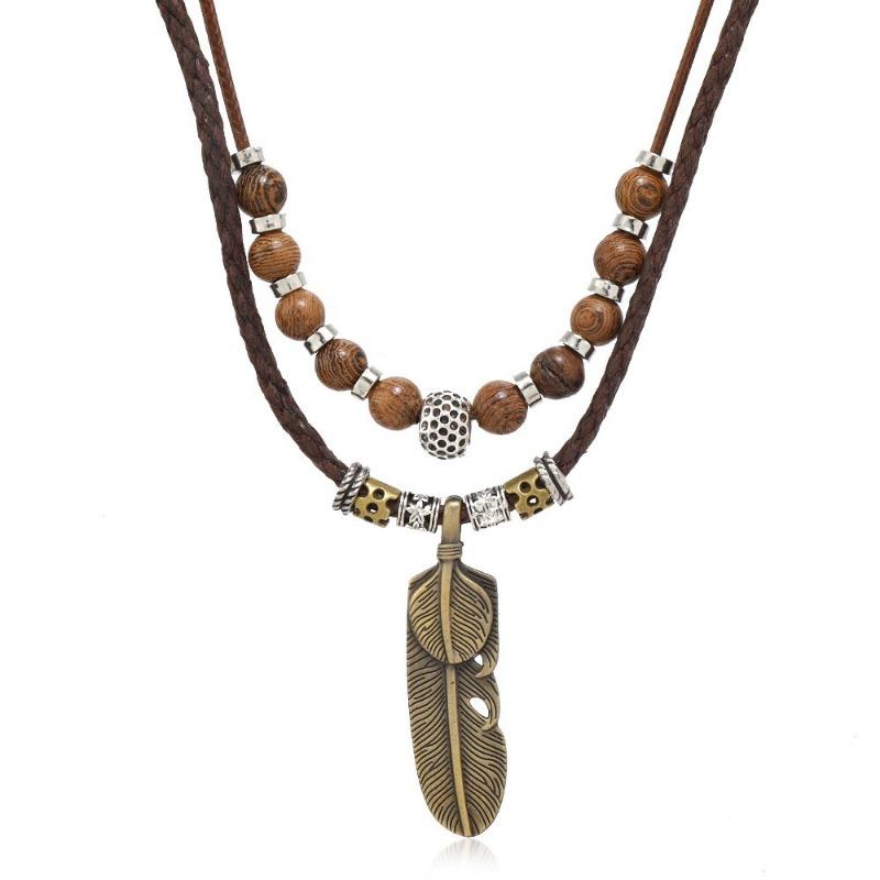 Literary Retro Butterfly Alloy Multi-layer Wooden Beads Knotted and Pullable Hand-woven Necklaces, Jewelry