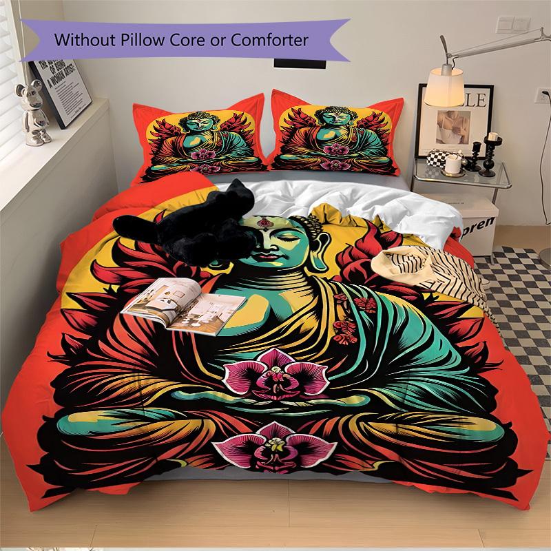 3pcs Buddha Lotus Bedding Set, Includes 1 Comforter + 2 Pillowcases, Without Pillow Inserts, Soft Comfortable, Lightweight Breathable, Print