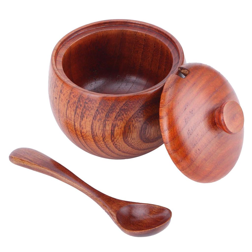 Wooden Salt Box with Lid Spoon Vintage Spice Jar Seasoning Container Cooking Utensil
