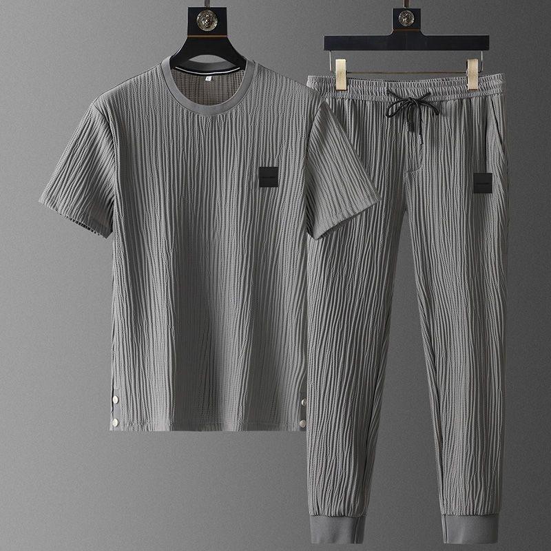 Summer Large Size Casual Stretchy Pleats Shirt and Trousers 2 Pcs Tracksuit