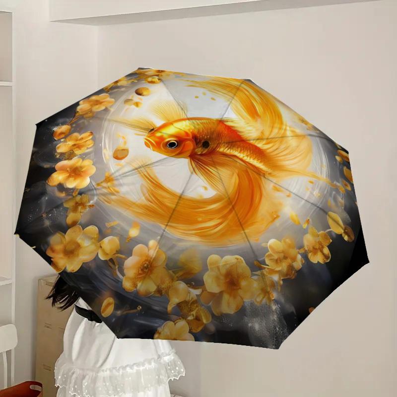 1pc Golden Fish Swimming in Flowers Umbrella with Plastic Handle,Suitable for All Seasons Home Travel Outdoor UmbrellaDD497