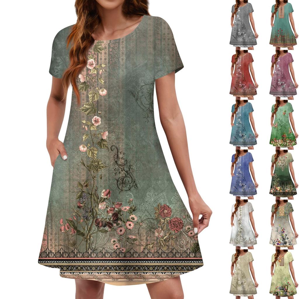 Summer Dresses For Women Beach Floral Sundress Short Sleeve Pockets Casual Tshirt Dress