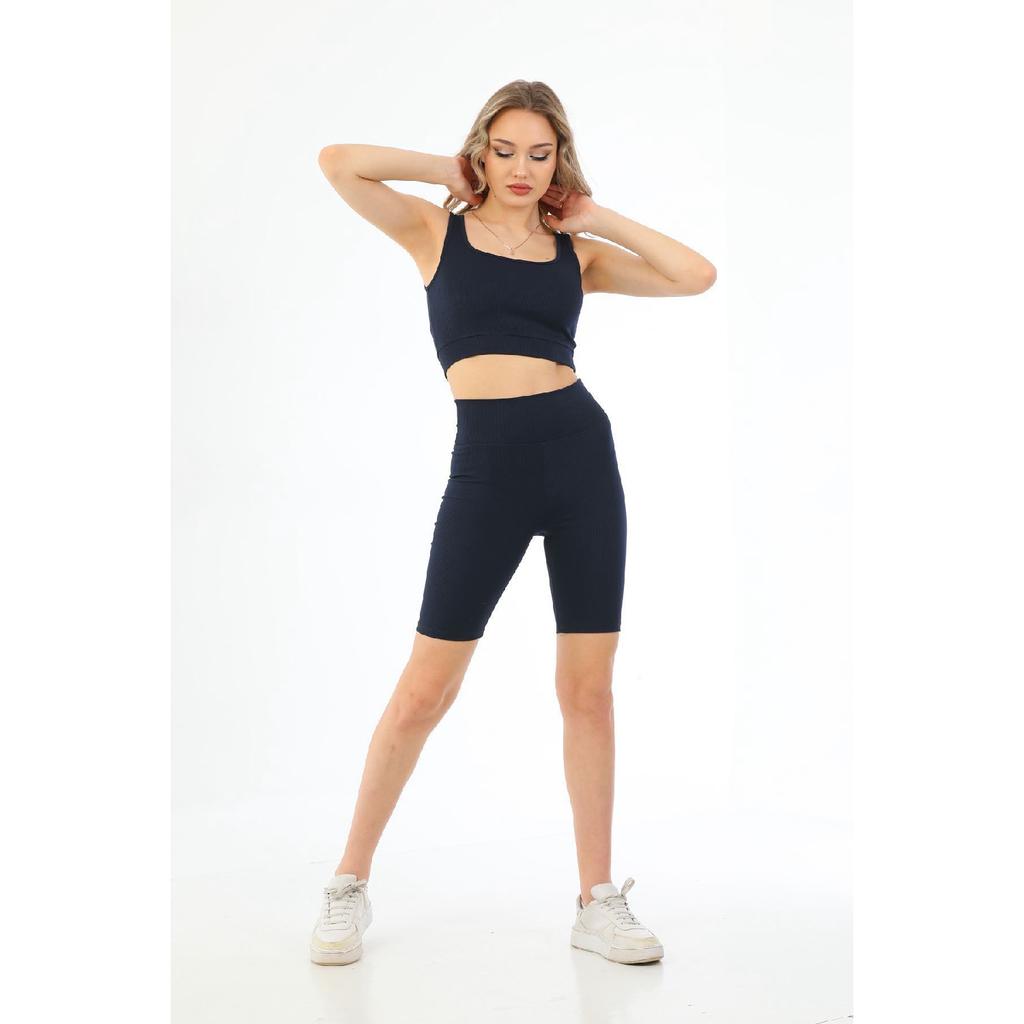 Black Comfortable Flexible Ribbed Sports Bra - Biker Tights Set