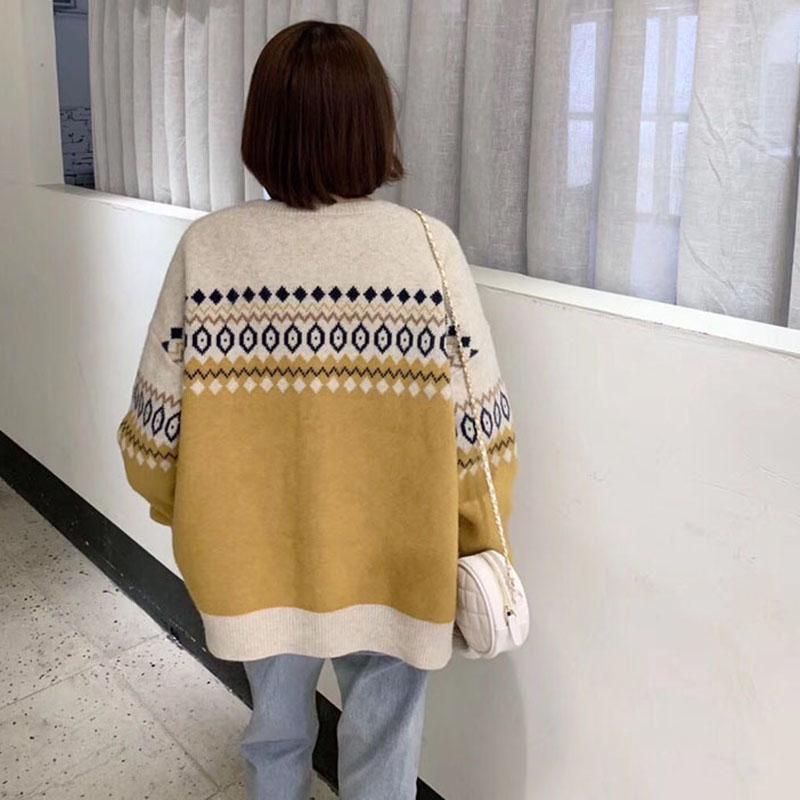 Весна Осень Винтаж Жаккард Круглый Вырез Вязаный Кардиган Женский Дикий Плюс Размер Свитер Пальто