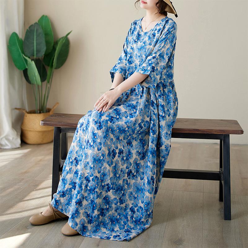 Летнее тонкое хлопковое льняное платье с круглым вырезом и короткими рукавами, простое среднее длинное платье с цветочным принтом для женщин, повседневные платья