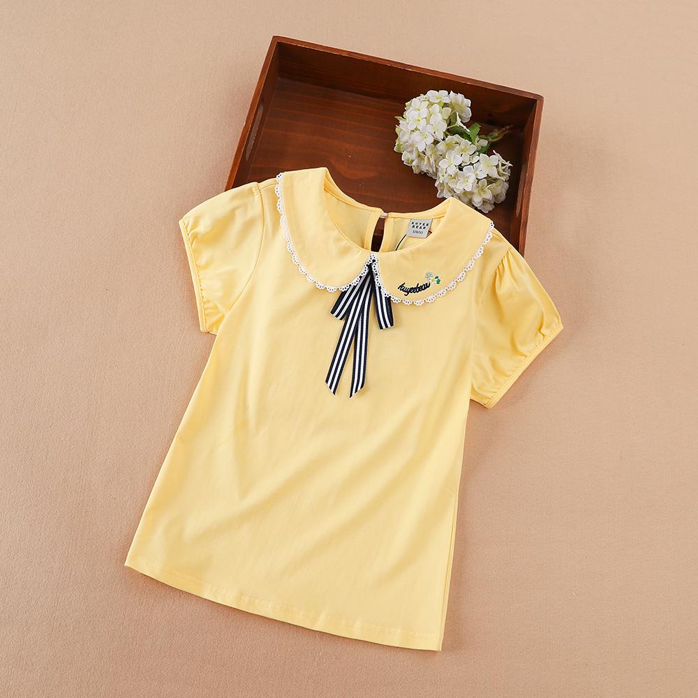 Girls Summer Shirt 2024 New Kids Cotton Clothes School Children Striped Tie Front Lace Trim Peter Pan Collar Puff Sleeve Tee