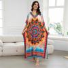 Causal Boho Printed V Neck Plus Size Loose Kaftan House Dress 2024 Women Summer Beach Wear Swim Suit Cover Up Loose Robe Q1594