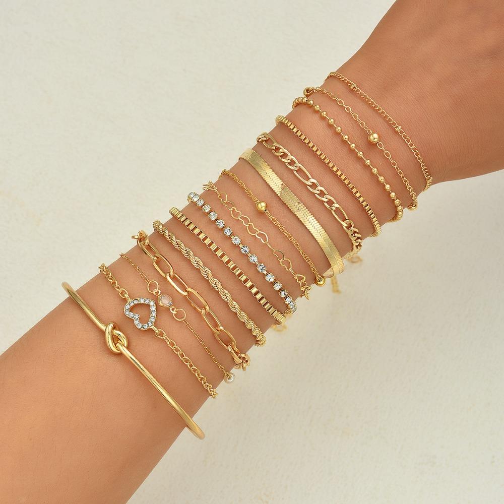 15Pcs Set Multi-Layer Hollowed-out Heart Bracelet Set for Women Stackable Figaro Herringbone Crystal Bangles Daily Wear Jewelry