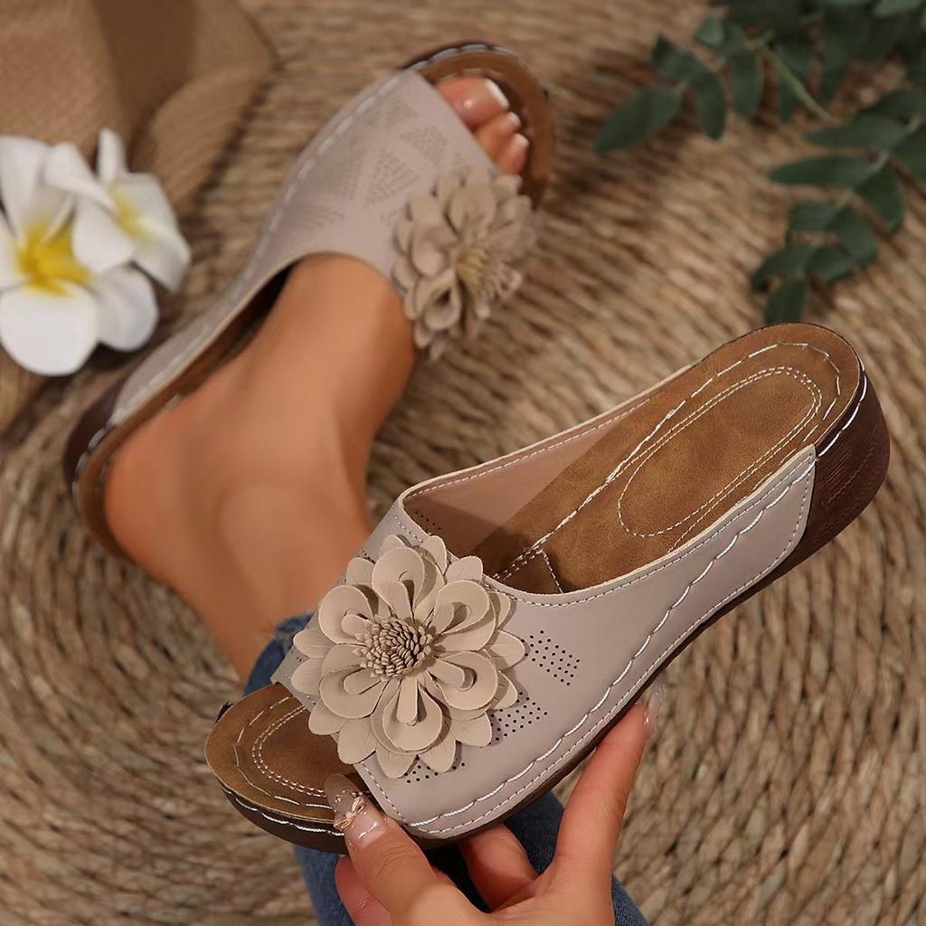 Large Size Women's Shoes Spring and Summer New Cross-border Slope Heel Thick-soled Fish Mouth Slippers Outer Slippers Flower Decoration