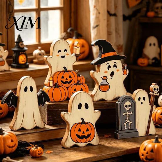 Compact Festive Room Decorations Halloween Cute Ghost Sign, Pumpkin Tombstone Wooden Plaque Decorative Figurines for Fireplaces Tiered Tray