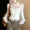 Женский Осенне-Зимний Топ из Кружевной Пэчворк на Сетчатой Основе Стиль Чистого Желания с Оборками Уникальный Элегантный с Длинным Рукавом Нижнее Белье
